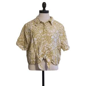 Joie yellow‎ green patterned tie front button down size Large